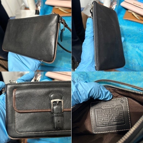 Vintage Coach Black Leather Brown Trim Snap Closure Wristlet - “Shelly” - Picture 4 of 14